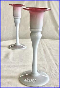 Pair of 2 Rare Vtg Pairpoint Glass Glossy Peachblow Taper Candlestick Holders