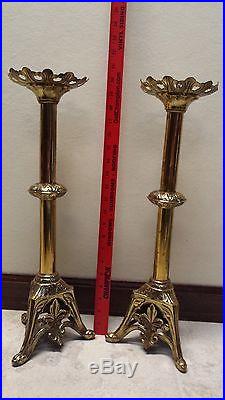 Pair of 20 Inch Tall Vintage Brass Altar Candlesticks with Foliate Pattern