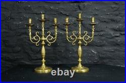 Pair of Antique Brass 3 Sconce Candelabra Vintage Candlesticks Candle Stands