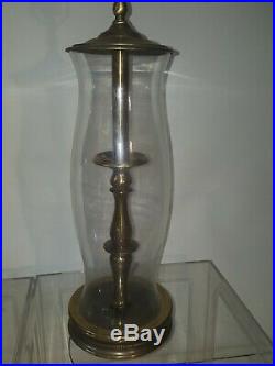 Pair of Antique Vtg Tall Antique Brass Candlestick Hurricane Glass Lamps