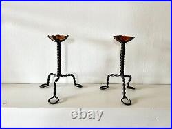 Pair of Arts & Crafts vintage antique candlesticks in wrought iron and copper