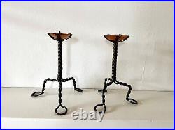 Pair of Arts & Crafts vintage antique candlesticks in wrought iron and copper