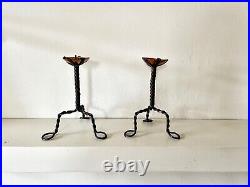 Pair of Arts & Crafts vintage antique candlesticks in wrought iron and copper