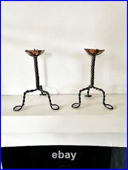 Pair of Arts & Crafts vintage antique candlesticks in wrought iron and copper