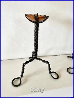 Pair of Arts & Crafts vintage antique candlesticks in wrought iron and copper