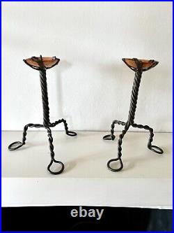 Pair of Arts & Crafts vintage antique candlesticks in wrought iron and copper