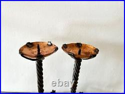 Pair of Arts & Crafts vintage antique candlesticks in wrought iron and copper