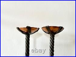 Pair of Arts & Crafts vintage antique candlesticks in wrought iron and copper