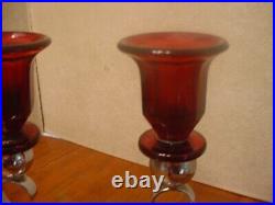 Pair of Elegant Vintage Ruby Glass & Chrome Art Deco Candlesticks