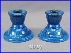 Pair of Fulper Art Pottery Blue Crystalline Glaze Candle Sticks C. 1929-1934