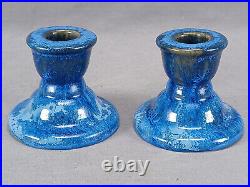 Pair of Fulper Art Pottery Blue Crystalline Glaze Candle Sticks C. 1929-1934