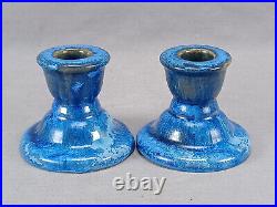 Pair of Fulper Art Pottery Blue Crystalline Glaze Candle Sticks C. 1929-1934