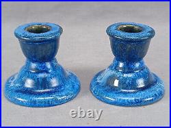 Pair of Fulper Art Pottery Blue Crystalline Glaze Candle Sticks C. 1929-1934