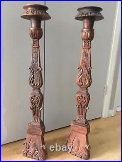 Pair of Hand Carved Wood Candle Holders, Candlesticks