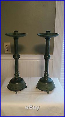 Pair of Large VINTAGE Asian Footed Temple Candle Sticks / Holders 17 1/2'