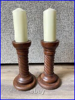 Pair of Large Vintage Solid Wood/Brass Barley Twist Debenhams Candlesticks