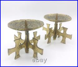 Pair of Rare Candle Holders Brutalist Brass Mid Century Vintage Cross Design