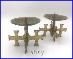 Pair of Rare Candle Holders Brutalist Brass Mid Century Vintage Cross Design