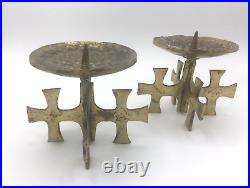 Pair of Rare Candle Holders Brutalist Brass Mid Century Vintage Cross Design