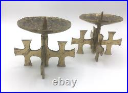 Pair of Rare Candle Holders Brutalist Brass Mid Century Vintage Cross Design