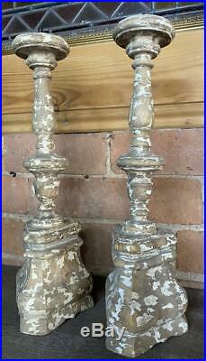 Pair of Solid Wood Candlesticks Distressed Painted Vintage Finish 42cm