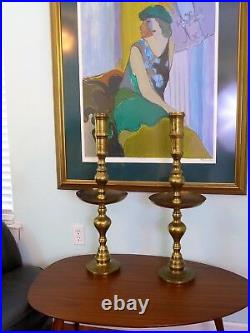 Pair of Tall Brass Altar Candlesticks Vintage 30 Incised Brass Pillar Holders