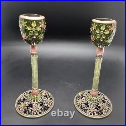 Pair of Vintage 6 Tall Enamel Candlesticks Pink Green with Crystals
