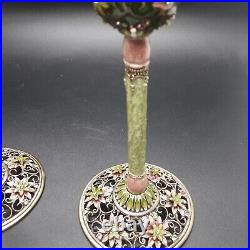 Pair of Vintage 6 Tall Enamel Candlesticks Pink Green with Crystals