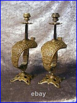 Pair of Vintage Antique German Imperial Navy Lion Head Sword Handle Candlesticks