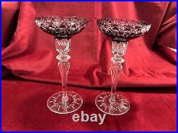 Pair of Vintage Bohemian Glass Amethyst Cut To Clear Candlestick Holders