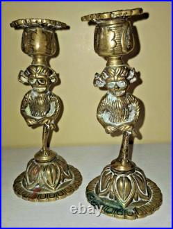 Pair of Vintage Brass Devil Demon Lincoln Imp Character Candlesticks Holder RARE