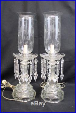 Pair of Vintage Candlestick Cut Glass Boudoir Mantle Buffet Electric Lamps 1930s