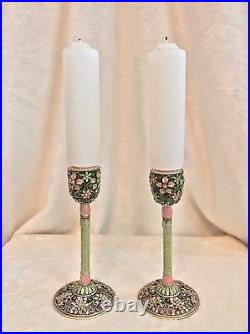 Pair of Vintage Crystal, Enamel, Cloisonné Candlesticks, Pink Green, 6 Tall
