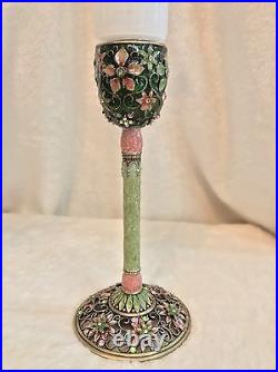 Pair of Vintage Crystal, Enamel, Cloisonné Candlesticks, Pink Green, 6 Tall