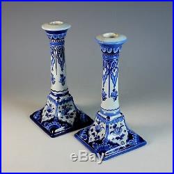 Pair of Vintage Delft Porceleyne Fles Candlesticks signed
