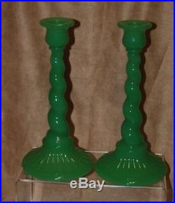 Pair of Vintage FENTON Jadeite Green Twist Candlesticks Candle Holders Glass