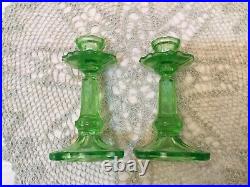 Pair of Vintage Green Vaseline Uranium Glass 7 tall Candlestick Holder