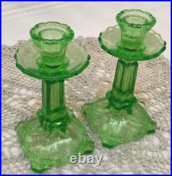 Pair of Vintage Green Vaseline Uranium Glass 7 tall Candlestick Holder