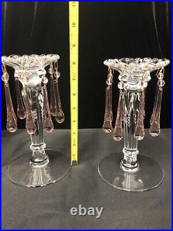 Pair of Vintage Heisey Style Clear Glass Candlestick Holders with Pink Prisms