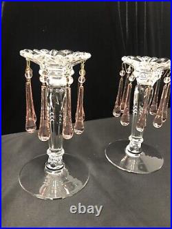 Pair of Vintage Heisey Style Clear Glass Candlestick Holders with Pink Prisms