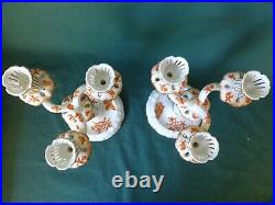 Pair of Vintage Herend Porcelain Rust Fortuna Pattern Three Arm Candle Sticks