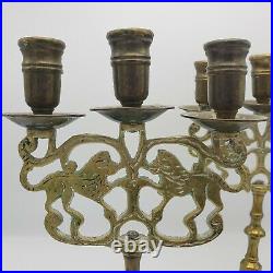 Pair of Vintage Judea Sabbath Brass Lion Candelabra's Triple Candlestick Holder