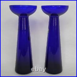 Pair of Vintage MCM Morgantown Glass Candlestick Holders Cobalt Blue 8-5/8
