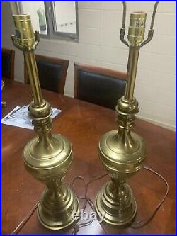 Pair of Vintage Stiffel Brass Heavy Metal Candlestick Lamps with Matching Shades