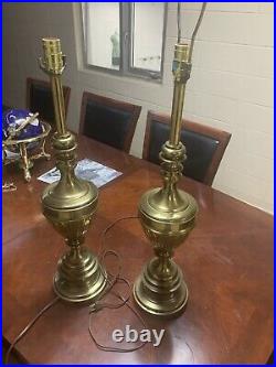 Pair of Vintage Stiffel Brass Heavy Metal Candlestick Lamps with Matching Shades