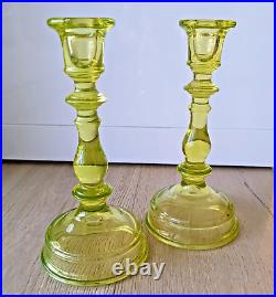 Pair of Vintage Uranium Vaseline Glass Candlesticks 8.5 H
