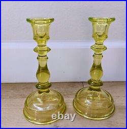 Pair of Vintage Uranium Vaseline Glass Candlesticks 8.5 H