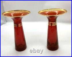 Pair of Vintage Vecchia Murano Orange Red Glass Candle Sticks with Gold Trim MCM