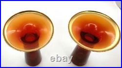 Pair of Vintage Vecchia Murano Orange Red Glass Candle Sticks with Gold Trim MCM