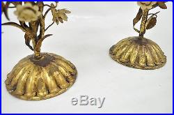 Pair of Vtg Italian Hollywood Regency Iron Floral Gold Candle Holders Candelabra